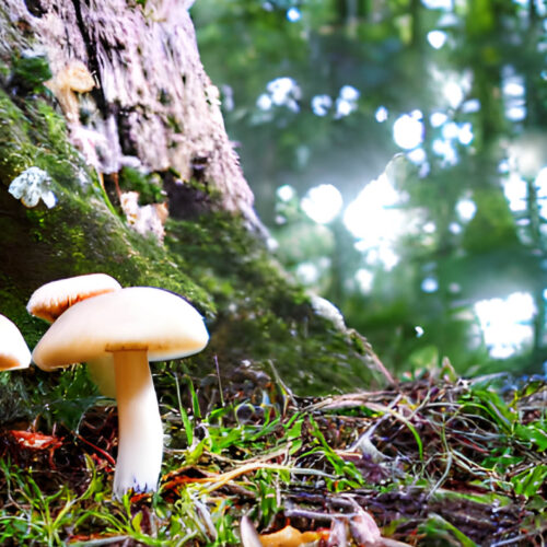 AI-generated image of mushrooms in a forest.